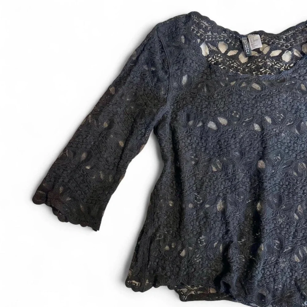 H&M Black Lace Mesh Top Size 8 Boho Goth Sheer‎ 3/4 Sleeve